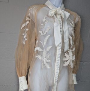 NWT Sheer Organza Blouse Embroidered Pintuck Bow Buttons Size M Formal